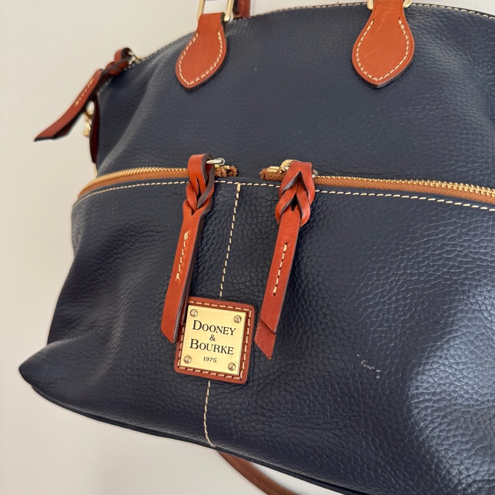 Dooney & Bourke Pebbled Dark Blue and Tan Leather Handbag - Picture 2 of 7